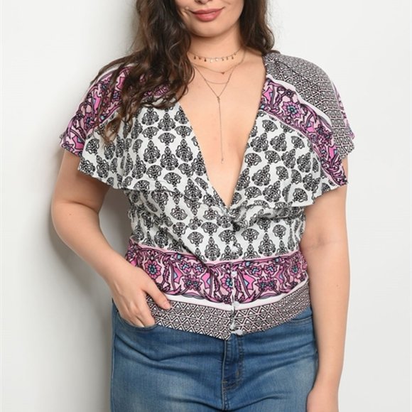 PLUS SIZE SHORT SLEEVE OFF WHITE & ROSE RUFFLED LA - Picture 1 of 2